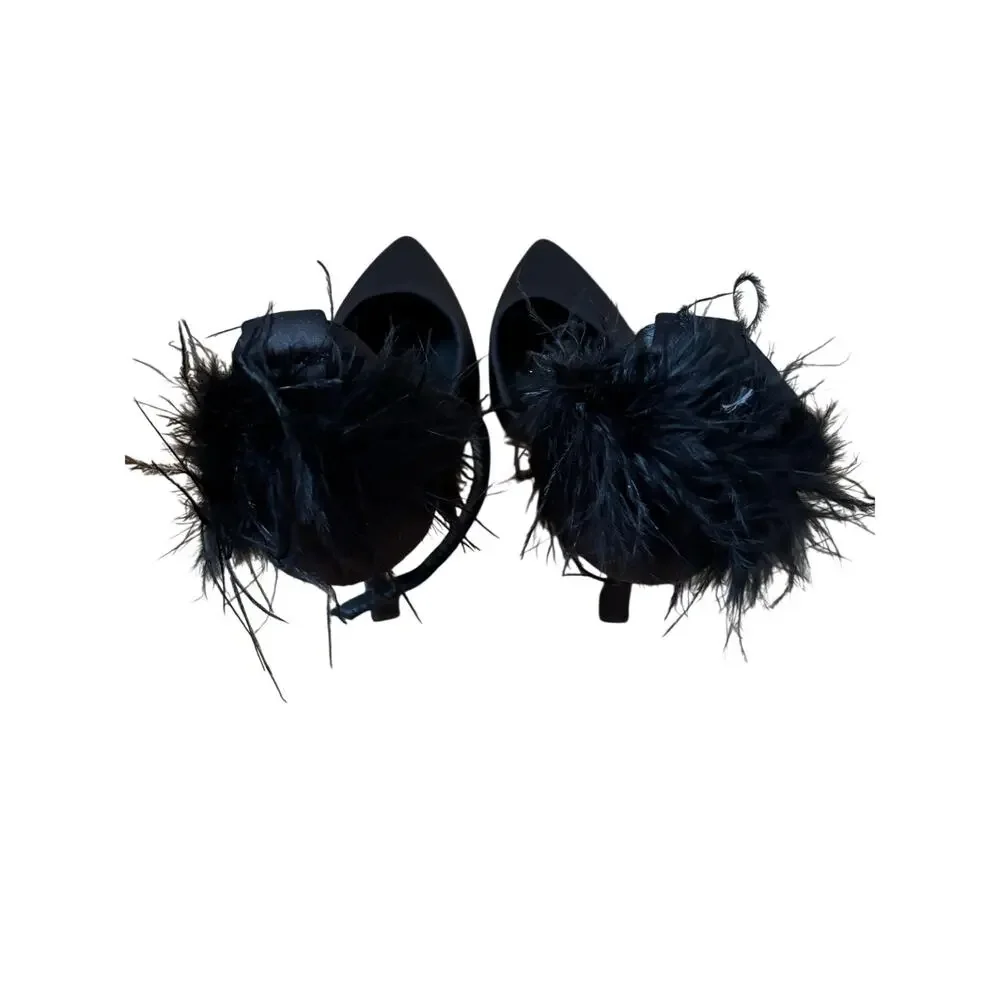 Black Satin Feather Trim Pointed Toe Stiletto Heels Women’s Size EU 38 US 7.5 - Picture 4 of 10